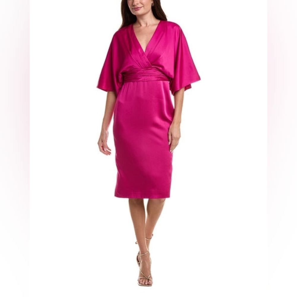 Theia Fuchsia Satin V-Neck Sheath Dress